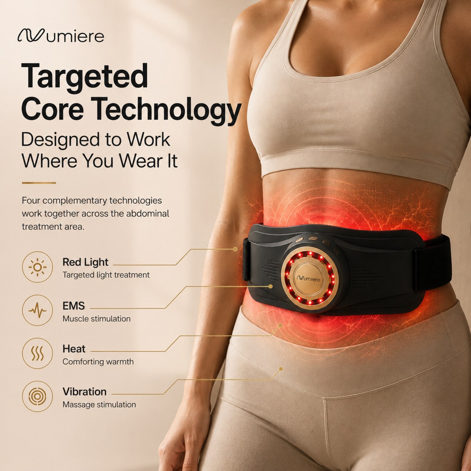 Body Keeper X worn at the waist with labeled red light, EMS, heat and vibration functions