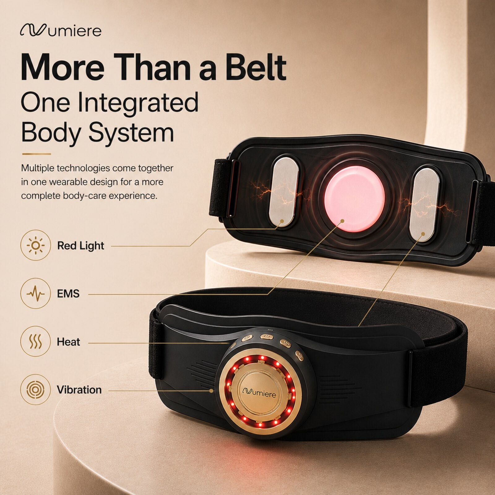 Body Keeper X front and inner surfaces with labels for red light, EMS, heat and vibration