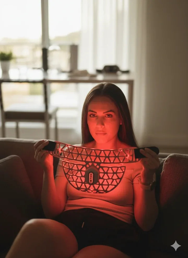 Woman holding an illuminated Feather Neck mask at home
