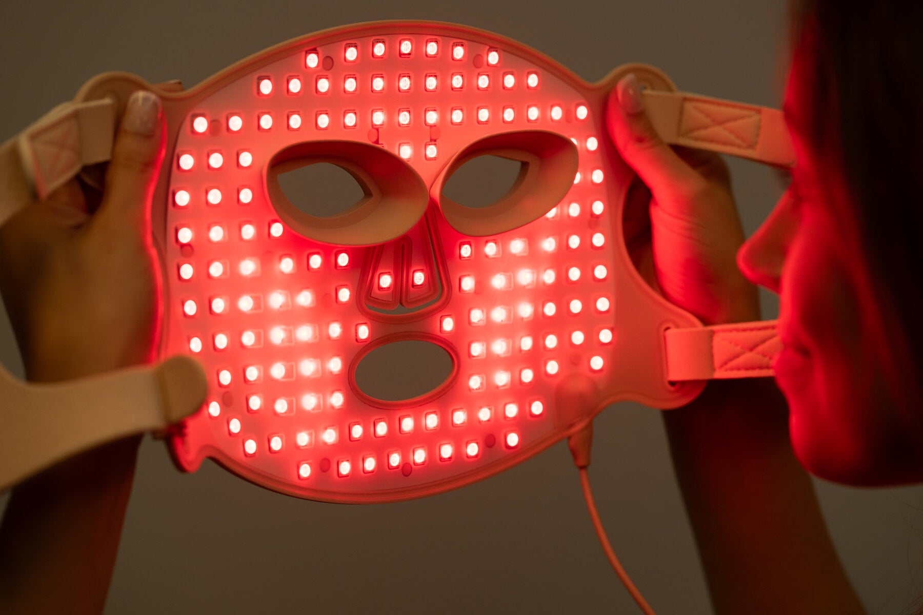 Inside the Time Keeper Nude mask with the red LEDs illuminated