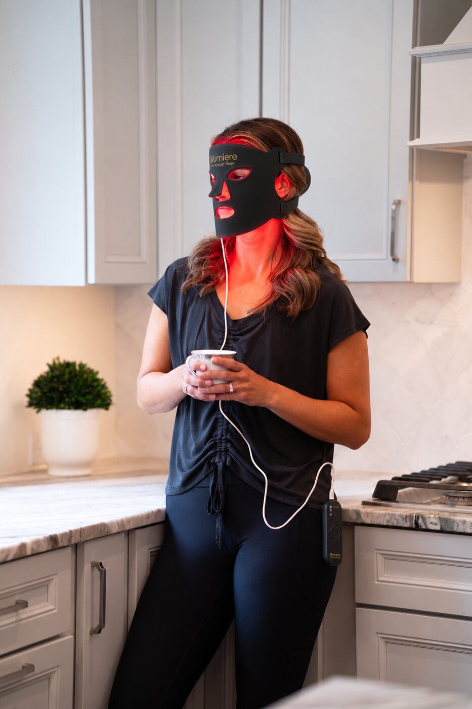 Black Time Keeper mask worn in a kitchen
