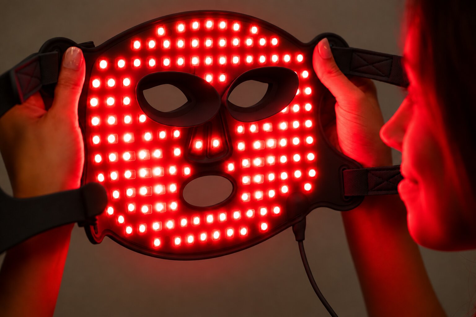 Inside the Time Keeper Black mask with the red LEDs illuminated